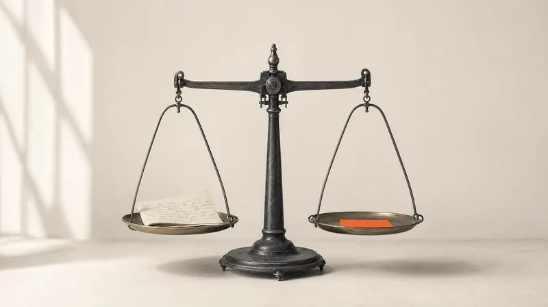 Fairness: a balance scale weighing a handwritten script against a machine-printed slip