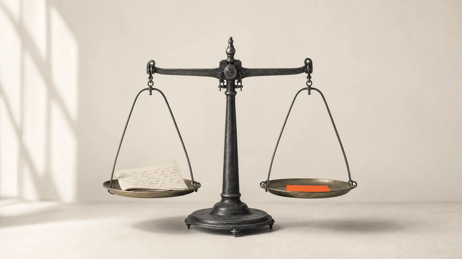 A balance scale weighing a folded handwritten script against a small orange machine-printed slip
