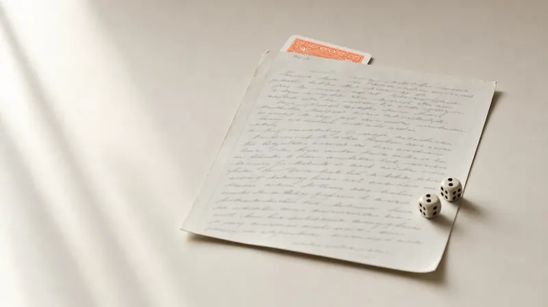 Gaming: an orange-backed playing card tucked under a handwritten exam script