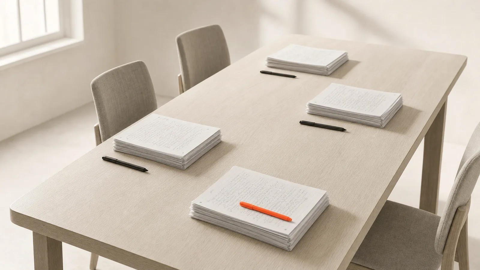 A seminar table set for four, with four stacks of handwritten exam scripts and a single orange pen