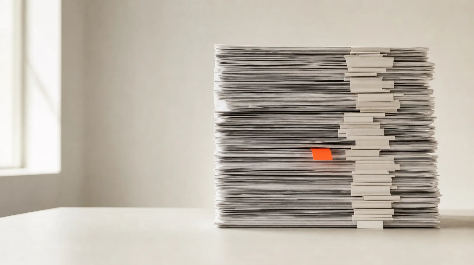 A tall stack of marked scripts with one orange page-marker tab sticking out