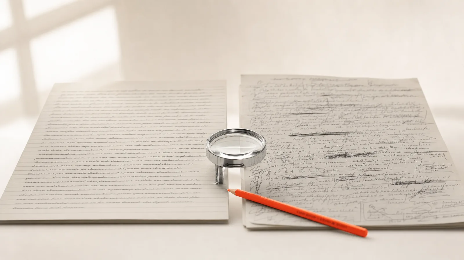 Two handwritten pages under a magnifying loupe: one immaculate, one a scrawl with crossings-out