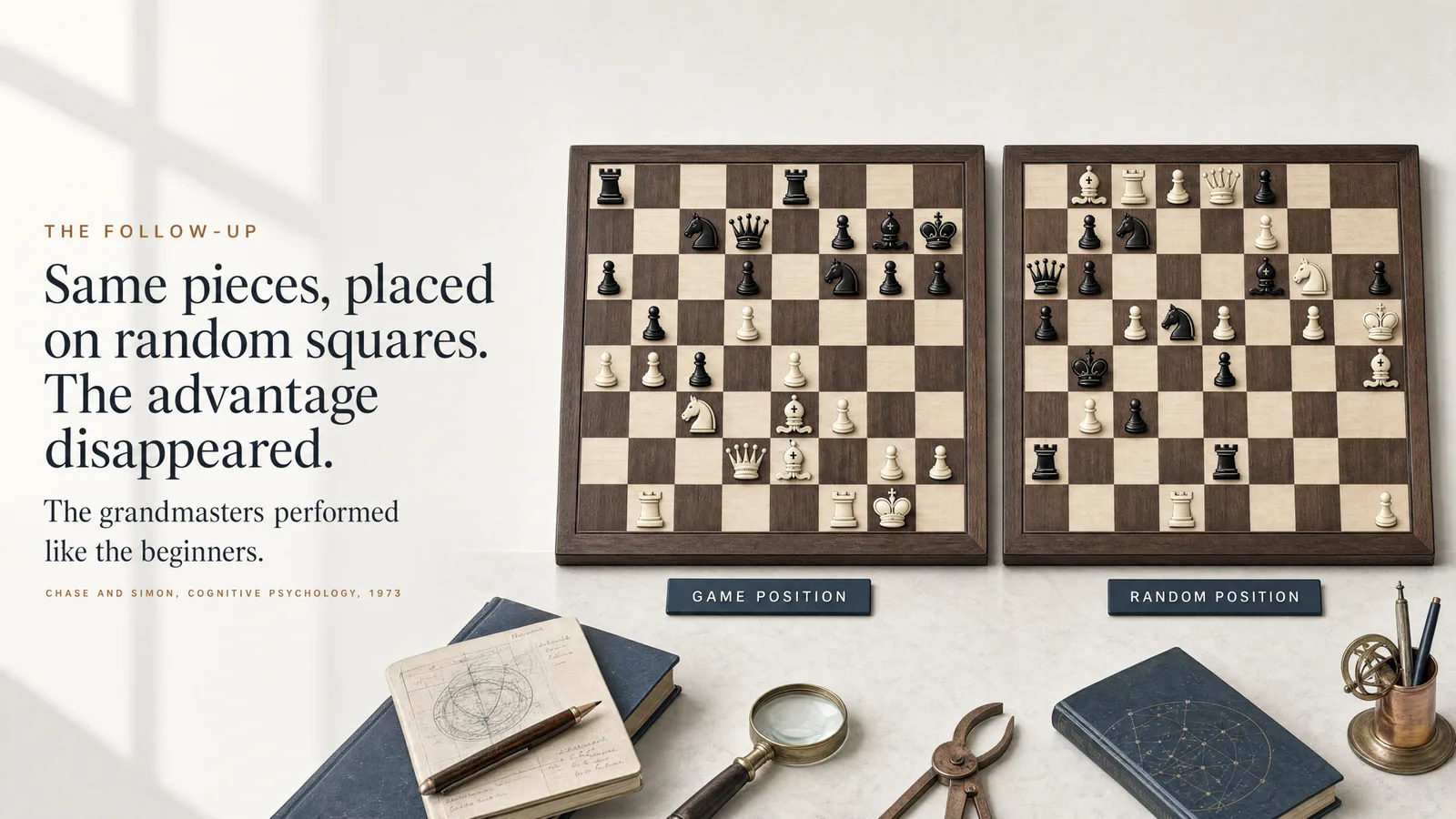 Slide: The follow-up — Same pieces, placed on random squares. The advantage disappeared. The grandmasters performed like the beginners. Two chessboards side by side, labelled game position and random position. Chase and Simon, Cognitive Psychology, 1973.