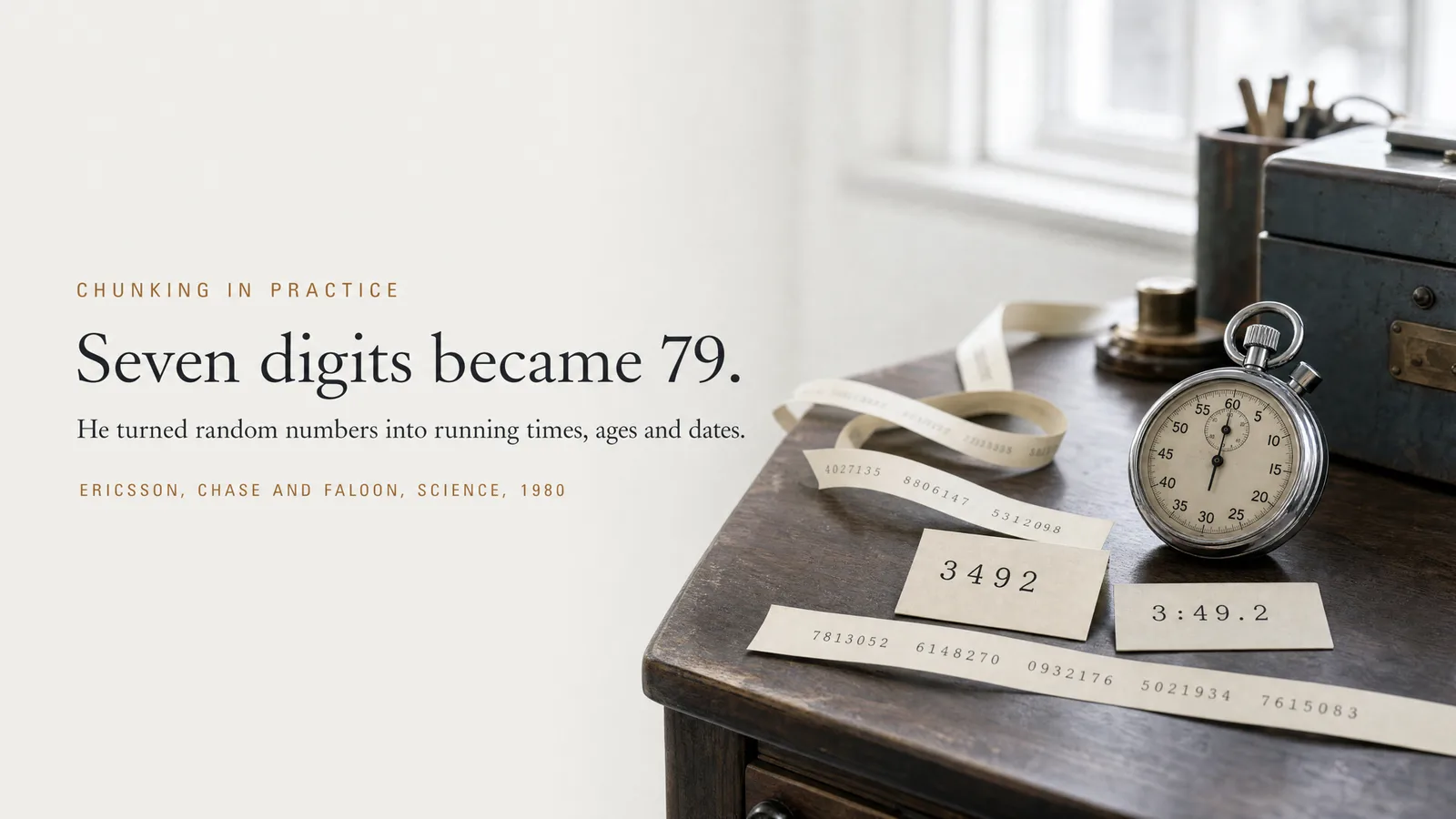 Slide: Chunking in practice — Seven digits became 79. He turned random numbers into running times, ages and dates. Paper strips of digits and a stopwatch on a desk. Ericsson, Chase and Faloon, Science, 1980.