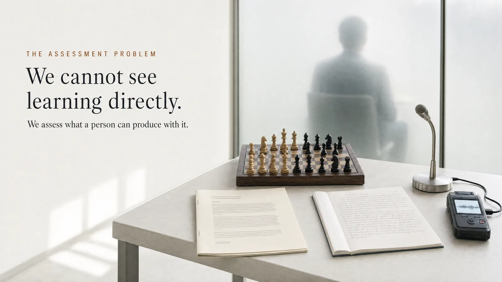 Slide: The assessment problem — We cannot see learning directly. We assess what a person can produce with it. A chessboard, an open notebook, a typed manuscript and a voice recorder on a table.