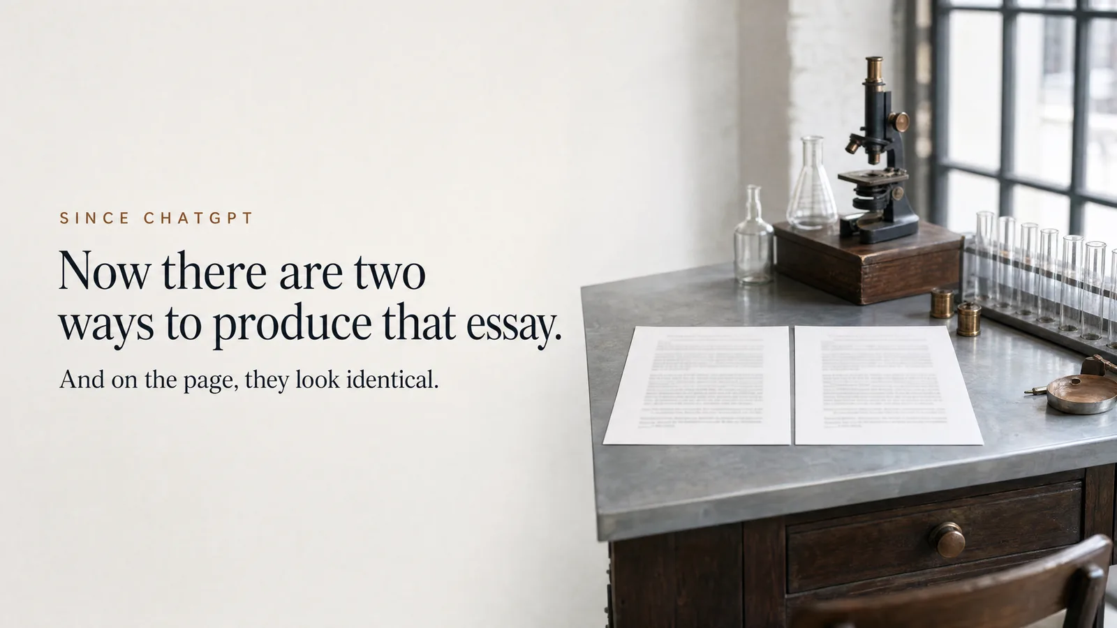 Slide: Since ChatGPT — Now there are two ways to produce that essay. And on the page, they look identical. Two identical-looking stacks of typed pages on a lab table.