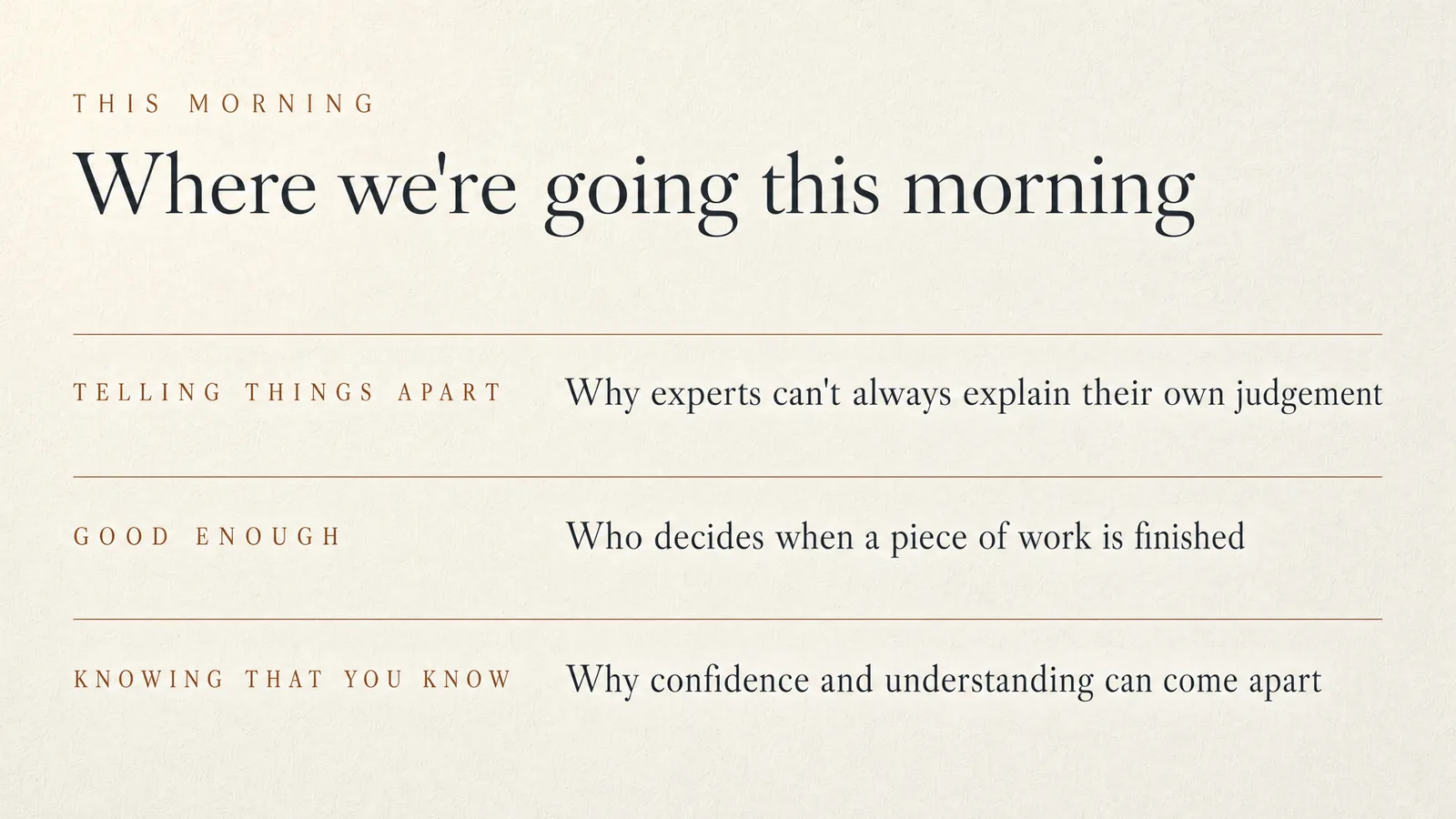 Slide: Where we're going this morning — Telling things apart: why experts can't always explain their own judgement. Good enough: who decides when a piece of work is finished. Knowing that you know: why confidence and understanding can come apart.