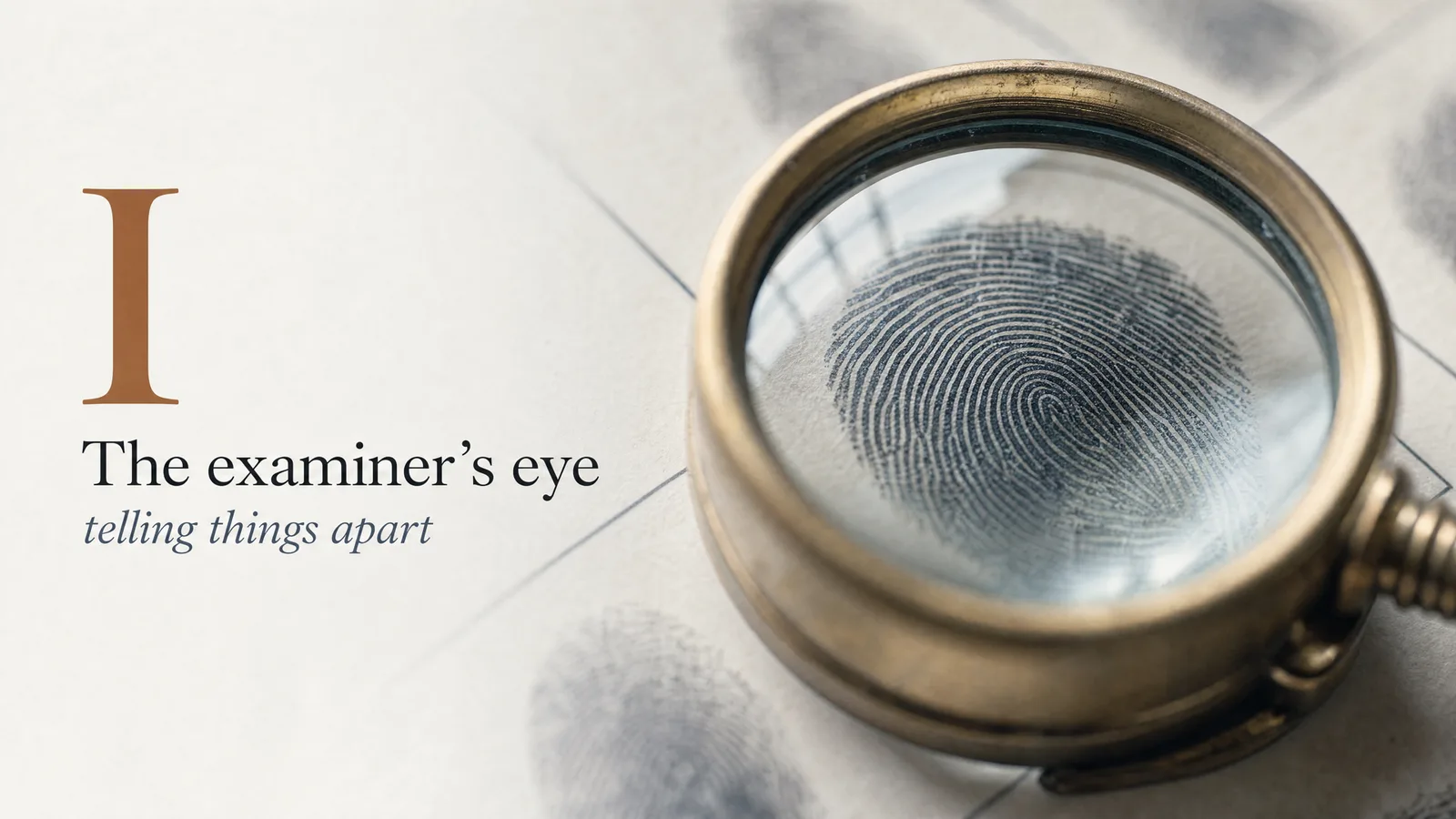 Section divider: I — The examiner's eye — telling things apart. A magnifying glass held over a card of enlarged fingerprint ridge patterns.