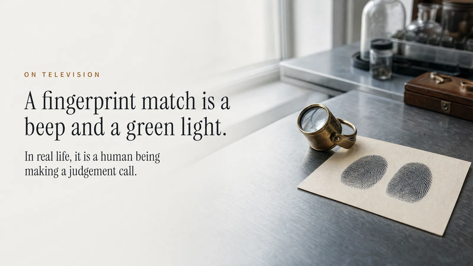 Slide: On television — A fingerprint match is a beep and a green light. In real life, it is a human being making a judgement call. A brass loupe beside a card of inked fingerprints.