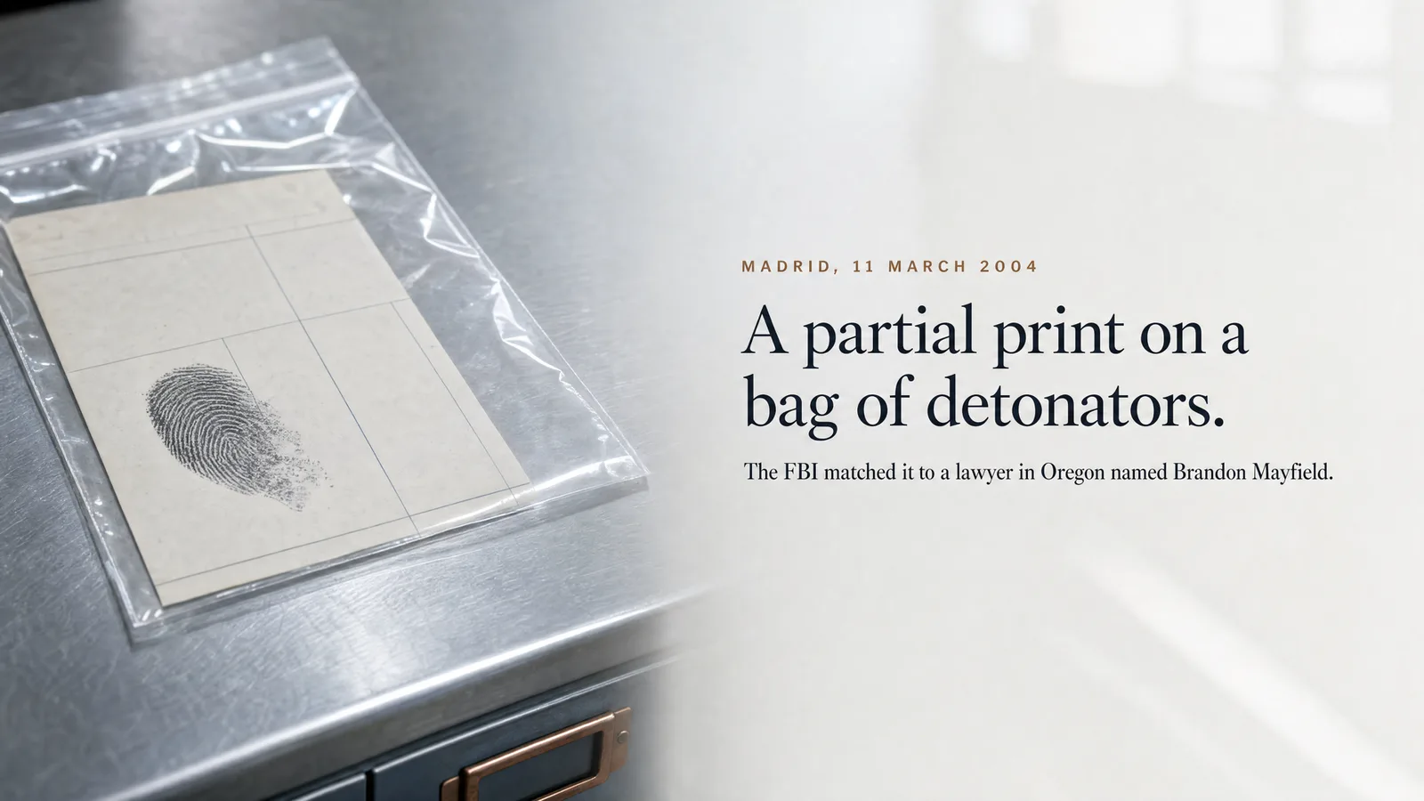 Slide: Madrid, 11 March 2004 — A partial print on a bag of detonators. The FBI matched it to a lawyer in Oregon named Brandon Mayfield. An evidence bag holding a card with a smudged partial fingerprint.