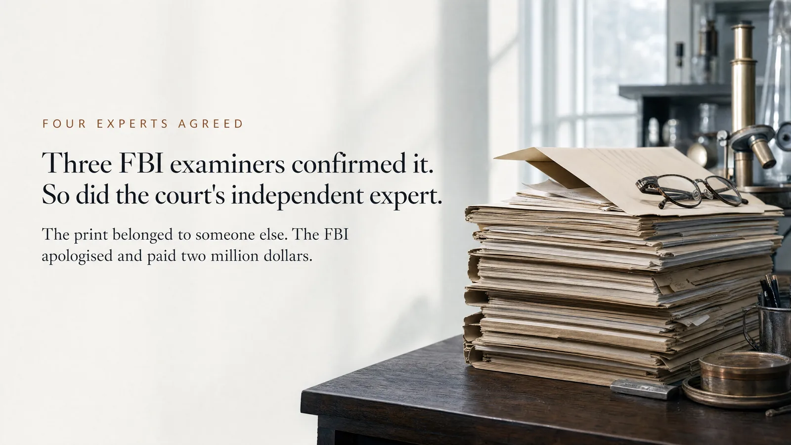 Slide: Four experts agreed — Three FBI examiners confirmed it. So did the court's independent expert. The print belonged to someone else. The FBI apologised and paid two million dollars. A tall stack of case files topped with wire-rimmed glasses.