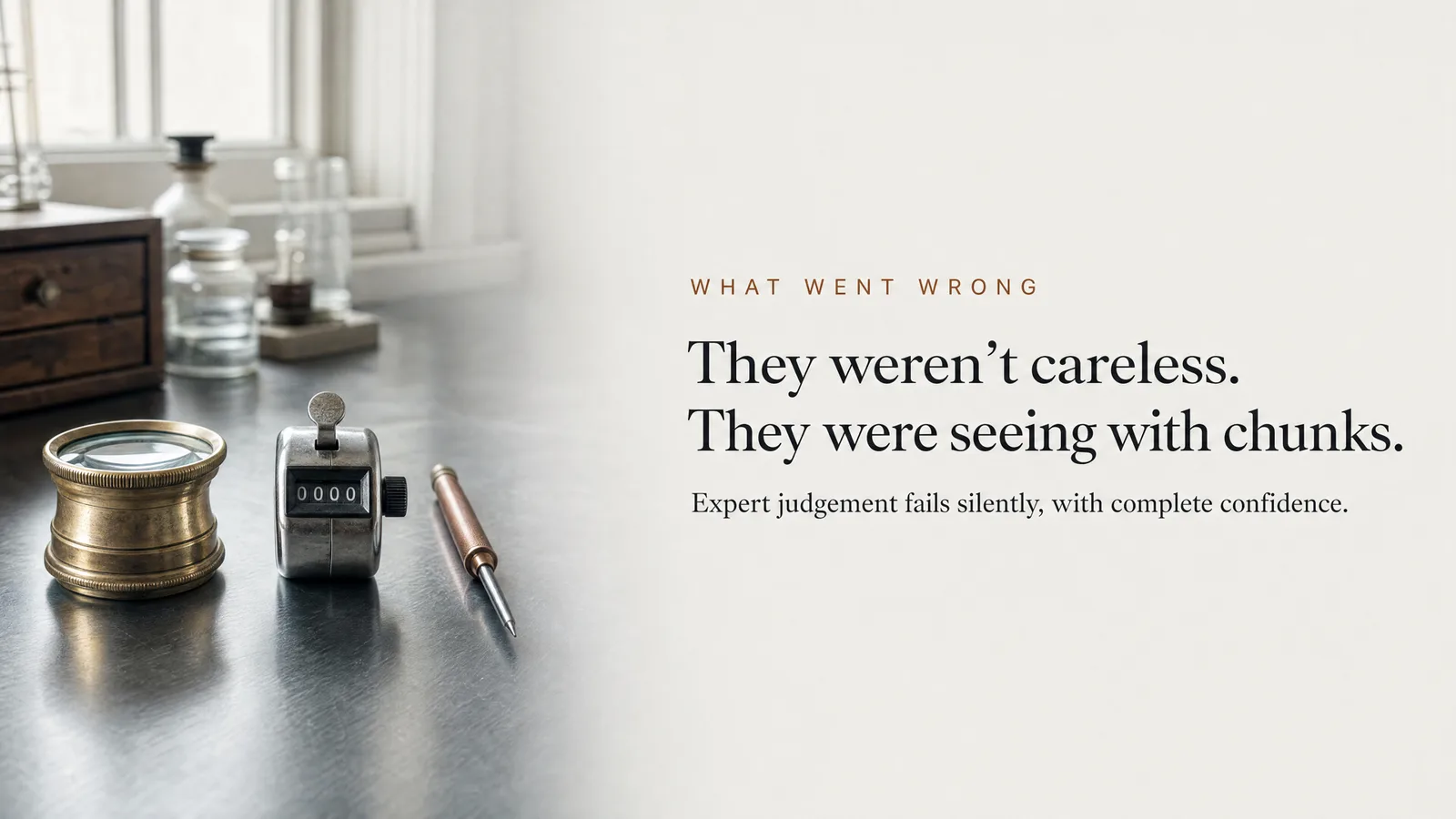 Slide: What went wrong — They weren't careless. They were seeing with chunks. Expert judgement fails silently, with complete confidence. A loupe and a tally counter reading zero on a metal tabletop.