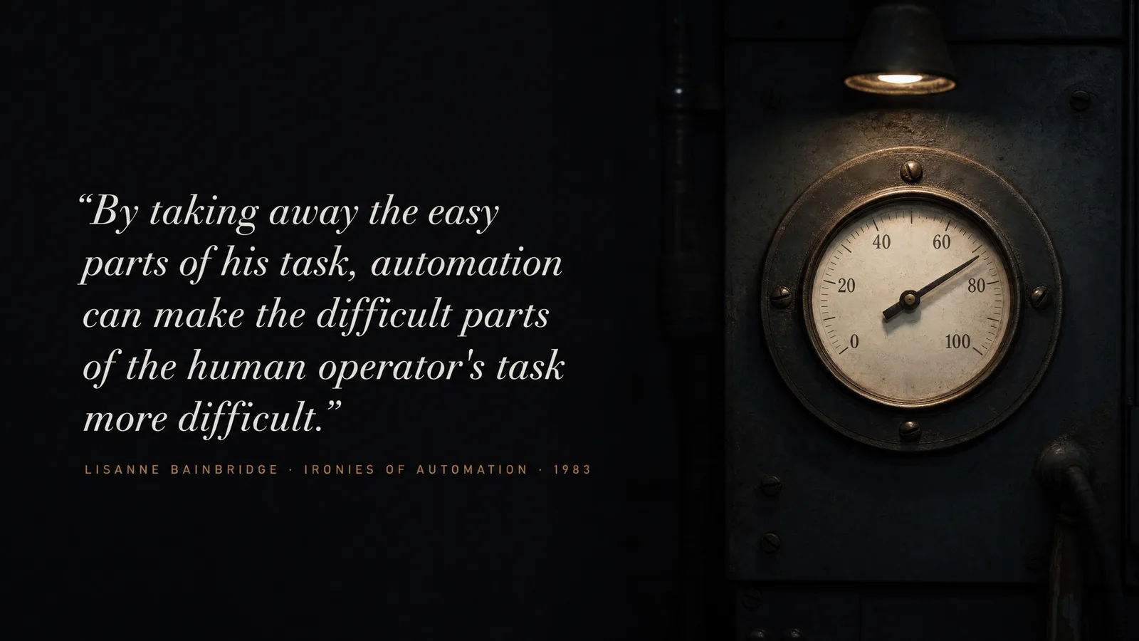 Slide: A brass pressure gauge under lamplight, with the quote — By taking away the easy parts of his task, automation can make the difficult parts of the human operator's task more difficult. Lisanne Bainbridge, Ironies of Automation, 1983.