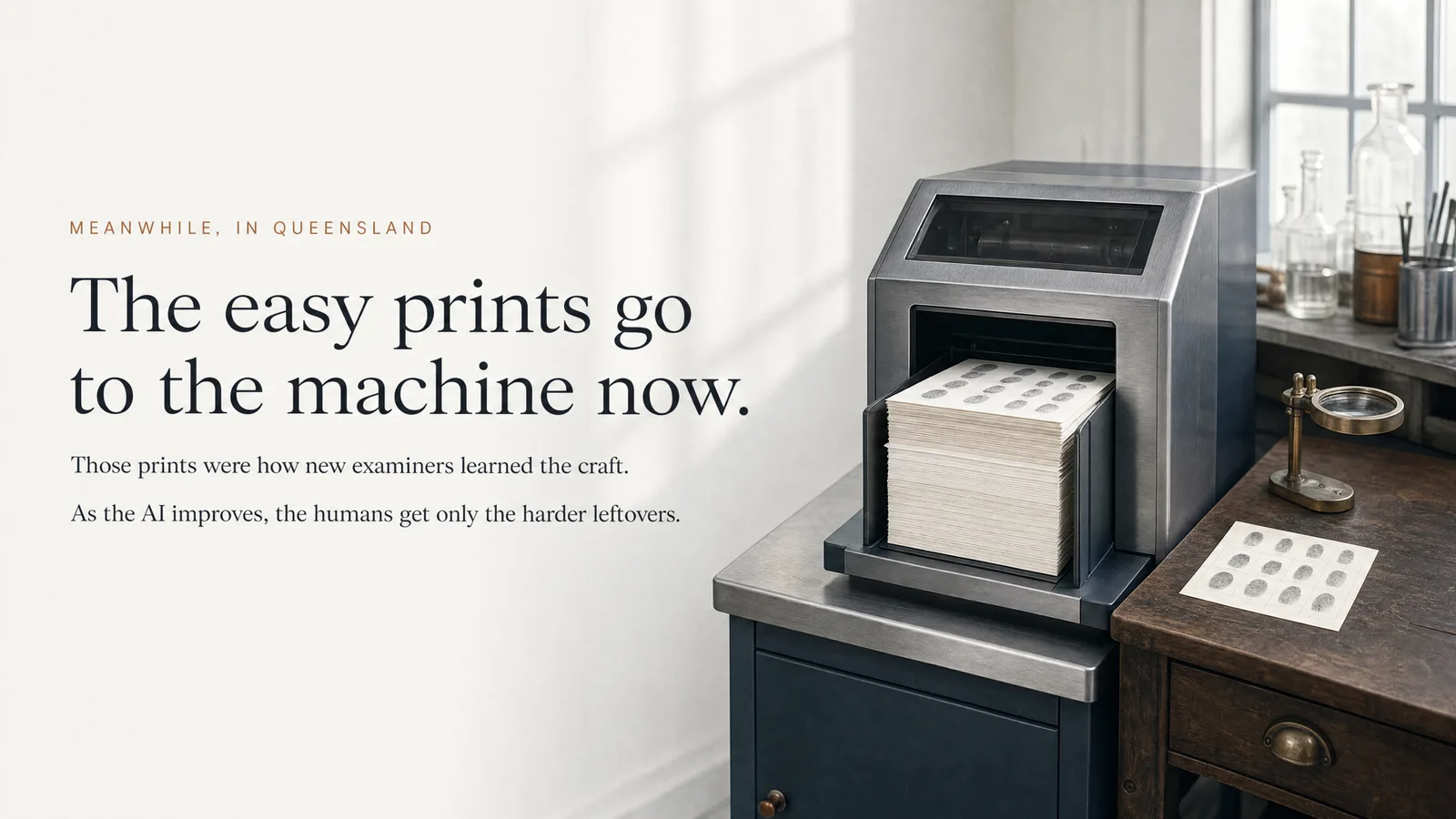 Slide: Meanwhile, in Queensland — The easy prints go to the machine now. Those prints were how new examiners learned the craft. As the AI improves, the humans get only the harder leftovers. A stack of fingerprint cards feeding into a sorting machine.