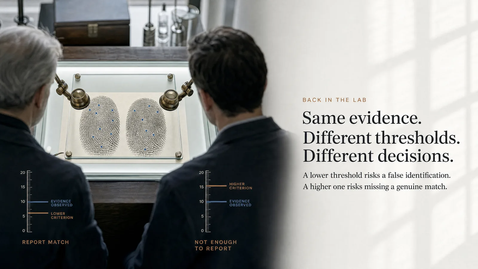 Slide: Back in the lab — Same evidence. Different thresholds. Different decisions. A lower threshold risks a false identification. A higher one risks missing a genuine match. Two examiners at magnifying lamps, overlaid with two evidence scales marked lower criterion, report match, and higher criterion, not enough to report.