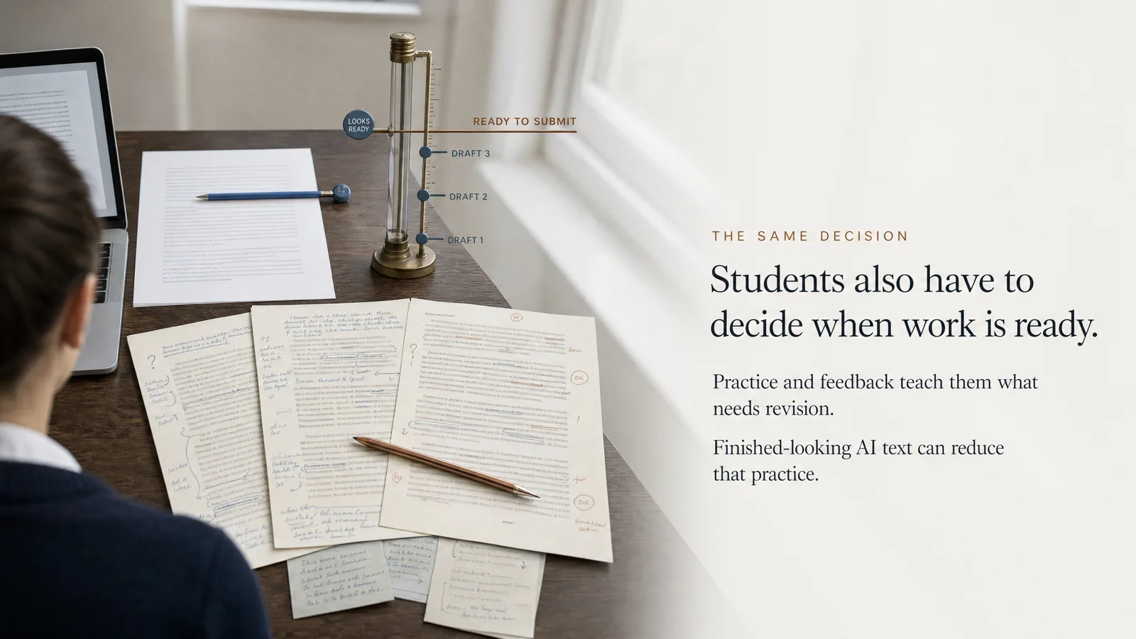 Slide: The same decision — Students also have to decide when work is ready. Practice and feedback teach them what needs revision. Finished-looking AI text can reduce that practice. A gauge marked draft 1, draft 2, draft 3, looks ready, ready to submit, beside a stack of annotated drafts.
