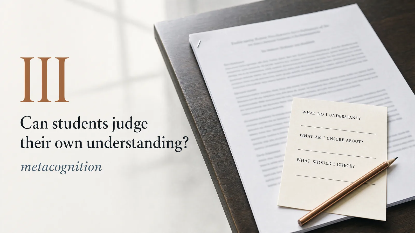 Section divider: III — Can students judge their own understanding? — metacognition. An index card with three prompts: what do I understand, what am I unsure about, what should I check.
