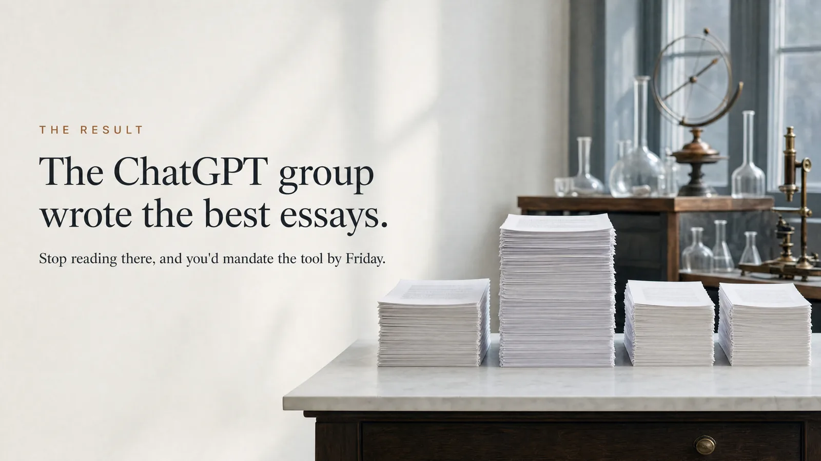 Slide: The result — The ChatGPT group wrote the best essays. Stop reading there, and you'd mandate the tool by Friday. Four stacks of paper of varying heights on a marble counter.