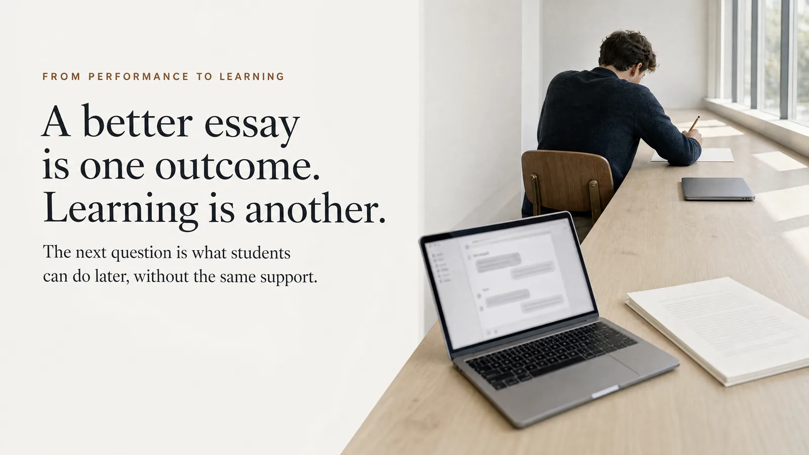 Slide: From performance to learning — A better essay is one outcome. Learning is another. The next question is what students can do later, without the same support. A student writing by hand at a desk while a laptop shows a chat interface.