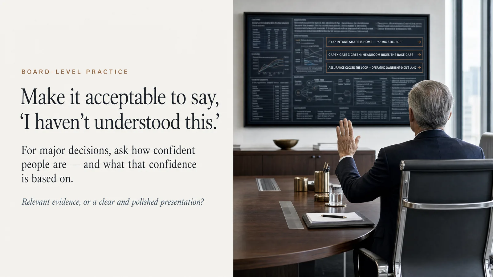 Slide: Board-level practice — Make it acceptable to say, I haven't understood this. For major decisions, ask how confident people are, and what that confidence is based on. Relevant evidence, or a clear and polished presentation? A board member raising a hand toward a dashboard on a screen.