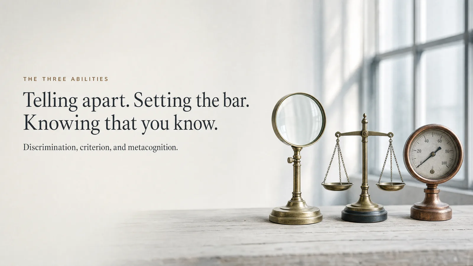 Slide: The three abilities — Telling apart. Setting the bar. Knowing that you know. Discrimination, criterion, and metacognition. A magnifying glass, a balance scale and a gauge on a shelf.