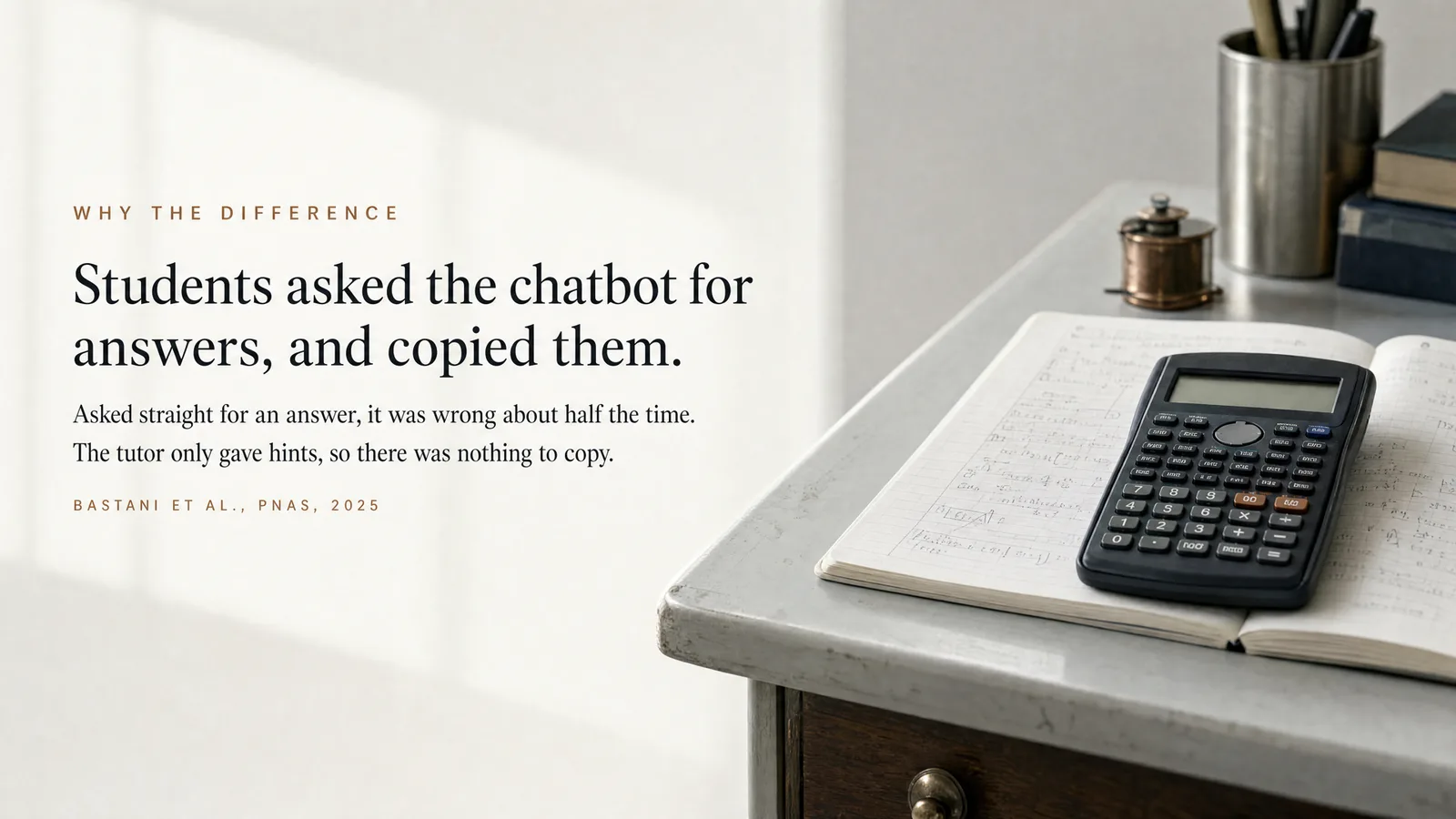 Slide: Why the difference — Students asked the chatbot for answers, and copied them. Asked straight for an answer, it was wrong about half the time. The tutor only gave hints, so there was nothing to copy. An open notebook of handwritten maths with a calculator resting on it. Bastani et al., PNAS, 2025.