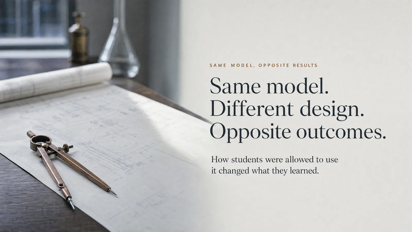 Slide: Same model, opposite results — Same model. Different design. Opposite outcomes. How students were allowed to use it changed what they learned. A bronze compass resting on a rolled blueprint.